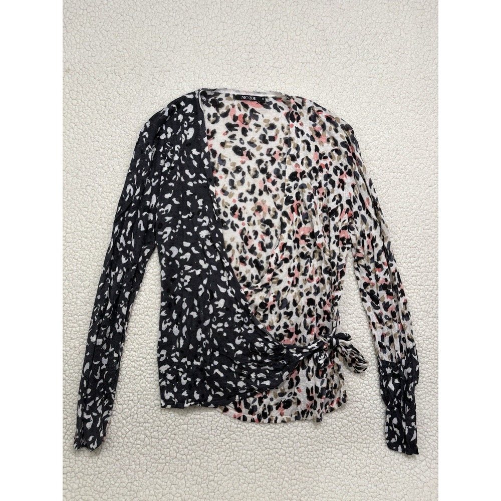 NIC+ZOE Wrap Sweater M Linen Blend Cardigan Open Knit Cheetah Leopard Mix Print